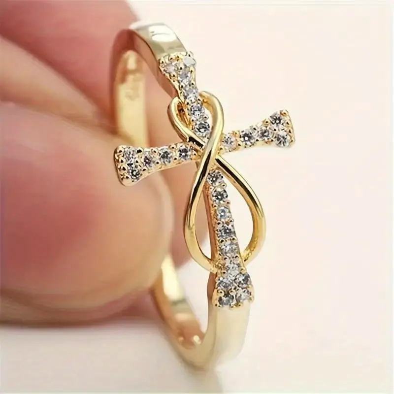 Silver-Tone Cross Ring with Infinity Symbol & CZ, Unisex Zircon Copper Faith-Based Fashion, April Birthstone Jewelry for Casual Wear, Cross Rings, Simple Look, Cubic Zirconia