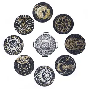 8 sets of DIY round diamond-shaped diamond-painted coasters, high-temperature anti-slip wooden coasters, artistic coasters suitable for wooden tables, diamond-painted coasters for adults with special shapes, 5D Diamond Painting Coasters