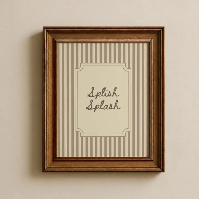 Splish Splash Print Neutral Bathroom Wall Art, Vintage Striped Shower Room Decor Unframed - Only Print