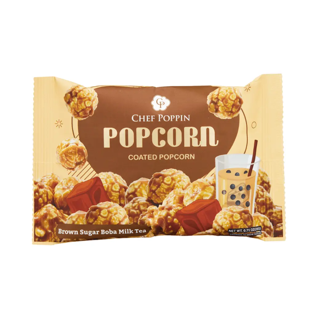 Gourmet Coated Popcorn Snack - Crunchy, Chewy Chef Poppin Brown Sugar Boba Milk Tea Flavor, Made with Corn Kernels, Maltose Syrup, Ambient Storage, Antioxidant-Infused - 20g