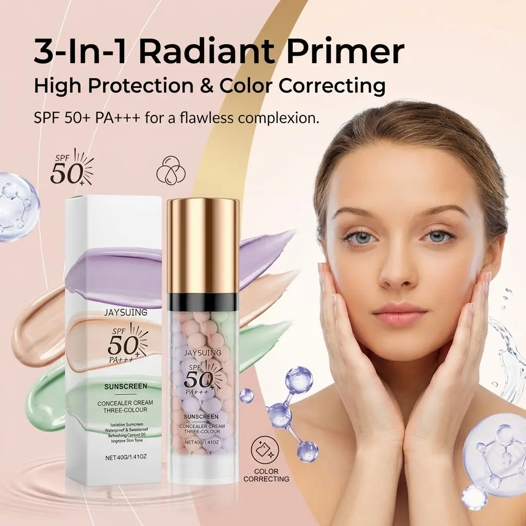 3-Color Protective Isolation Concealer Primer, Makeup Base with Moisturizing Skincare Benefits, Blemish-Covering, Smooth, Long-Lasting Facial Cosmetic Protective Cream
