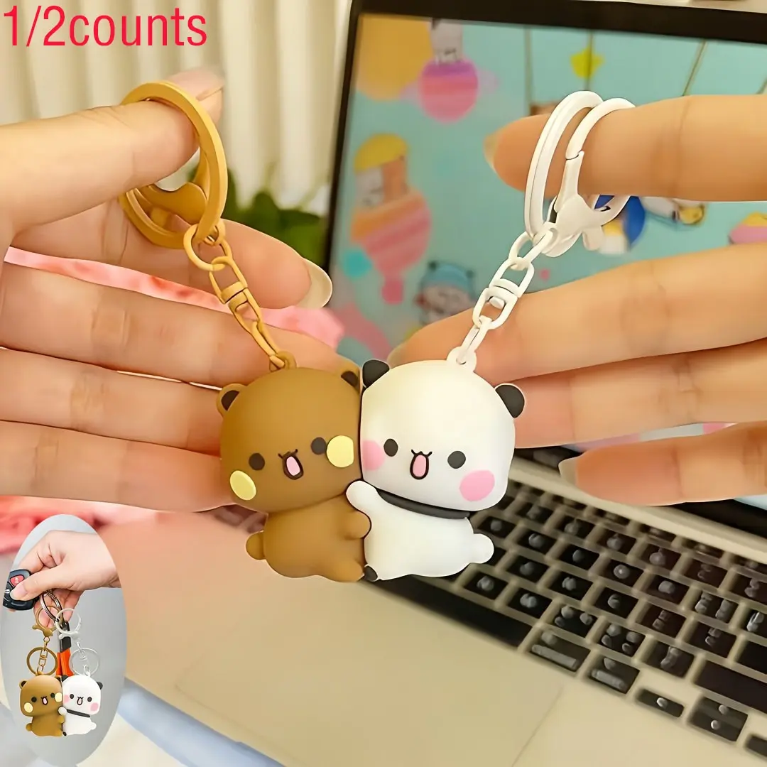 Cute Panda Couple Keychain, Cute Keychains, Phone Decoration, Gift for Couples, Backpack Pendant, Christmas Gift, Fun Design, 1/2 Pcs