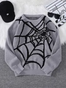 Men's Classic Spider Web Design Unique Pattern Round Neck Pullover Jacquard Sweater, Regular Fit Casual Drop Shoulder Long Sleeve Fitted Jumper for Spring & Fall, Fashion Men's Knitwear for Daily Wear, Menswear