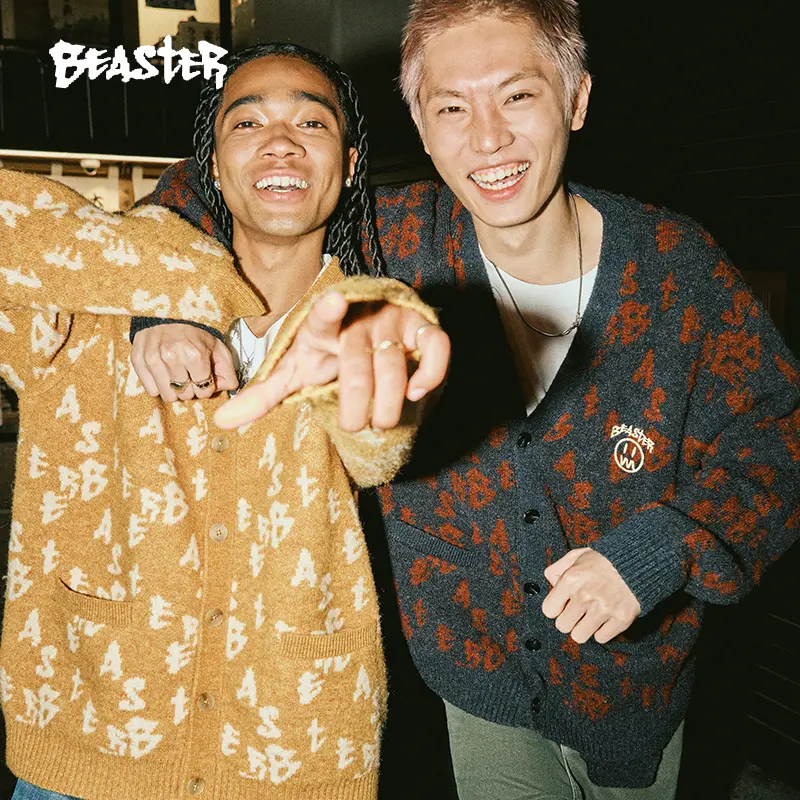 BEASTER Ghost Face Letter Jacquard Knit Sweater Jacket for Men, Autumn American Retro Style Couple Cardigan for Women