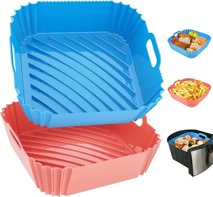 Air Fryer Silicone Liners Square 2 Pack 8.6 Inch Airfryer Liners 4-7 QT Reusable Air Fryer Liners Silicone Pot Oven Liner Baking Tray, Air Fryer Basket Silicone Mat Bowl Air Fryer Accessories Kitchen (Pink +Blue )