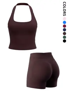Impact Strap Summer Halter Top and Activewear Shorts Set, Sports Outfit, Seamless Shaping Gym Wear, Women's Strong Support, Excellent Elasticity, Fashion Summer Sportswear