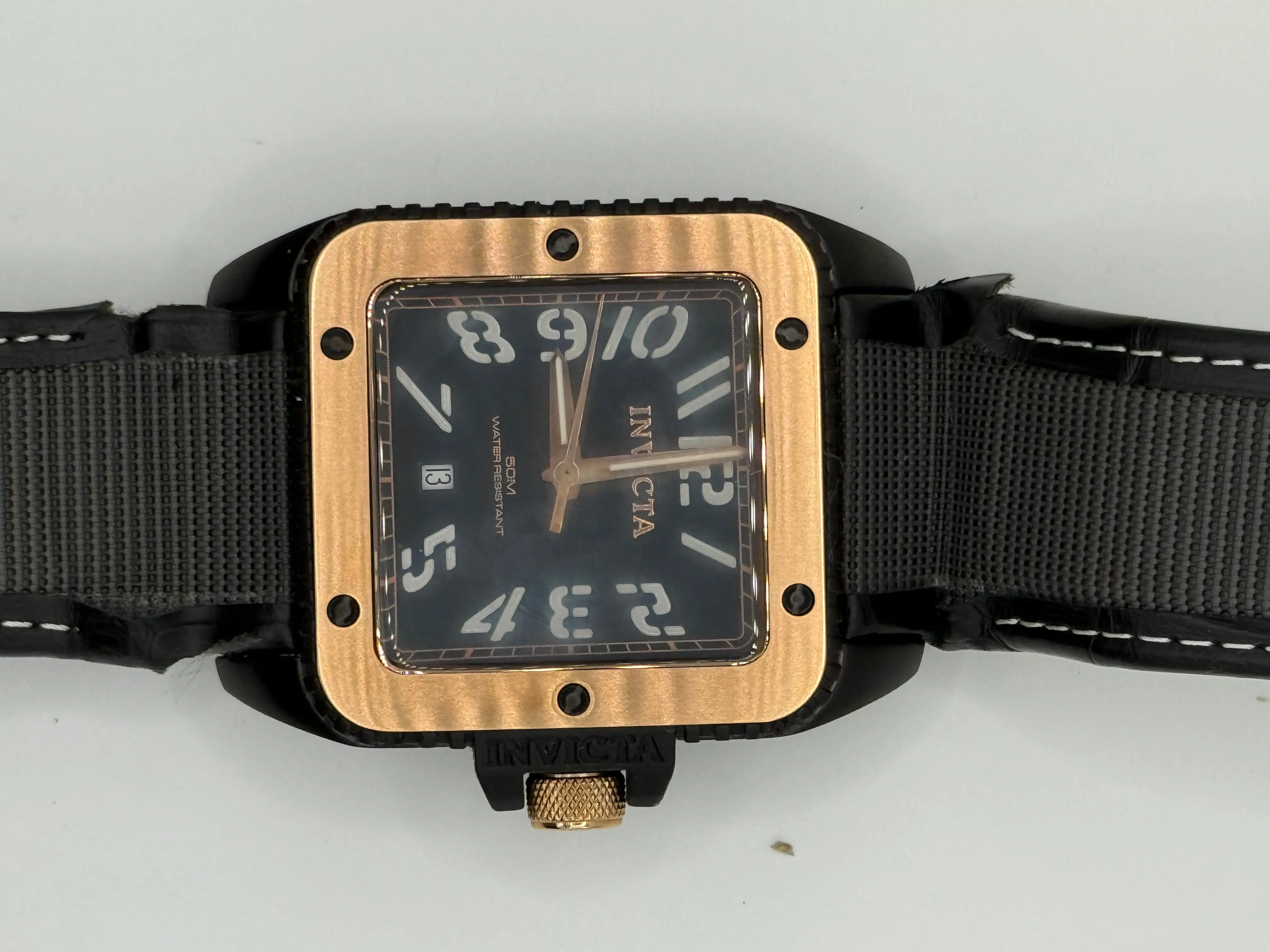 Invicta Men’s Cuadro Quartz Watch – Black Dial, Gold-Tone Bezel, Date Display - Pre-Owned