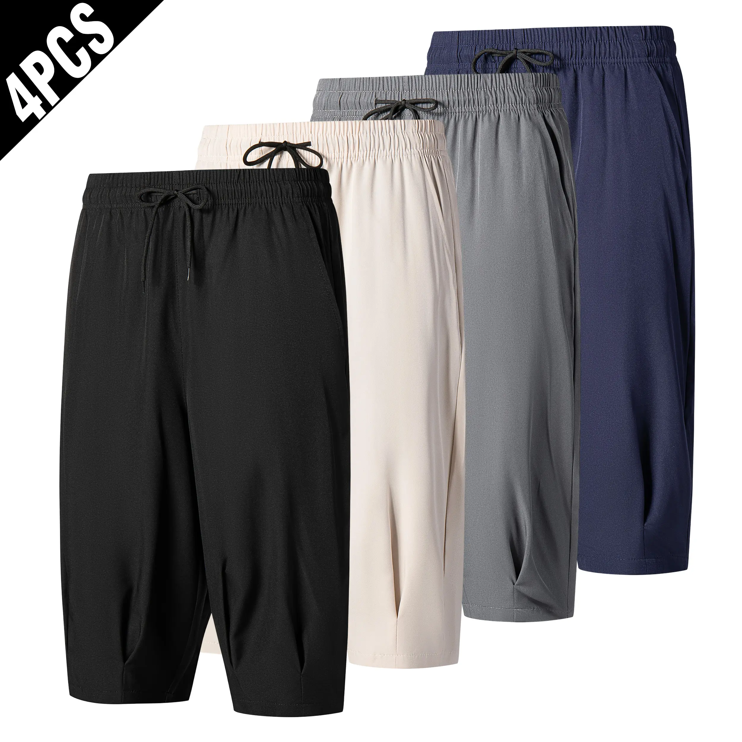 Men's Solid 4-Pack Quick-Dry Knee-Length Capris, Elastic Drawstring, Pleated Hem, Loose Fit Breathable Pants for Summer Sports, Casual Wear