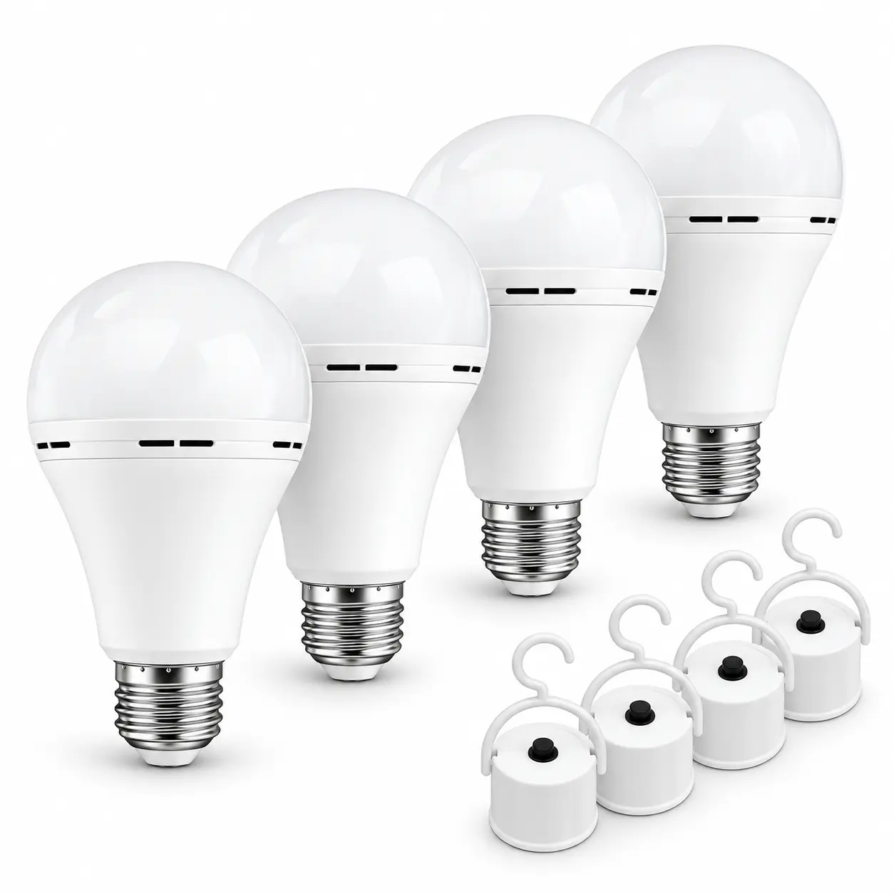 4-Pack Rechargeable LED Emergency Light Bulbs – Auto-Charging E26/E27, 6500K Daylight, 12W (60W Equivalent) for Power Outages & Camping