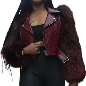 Women's Deep Red Faux Leather Jacket with Luxurious Fur Collar & Hem Warm Winter Coat Long Sleeve Regular Fit Short Outerwear Solid Color Versatile for Parties Office Casual Outfits Stylish & Sexy Elegance