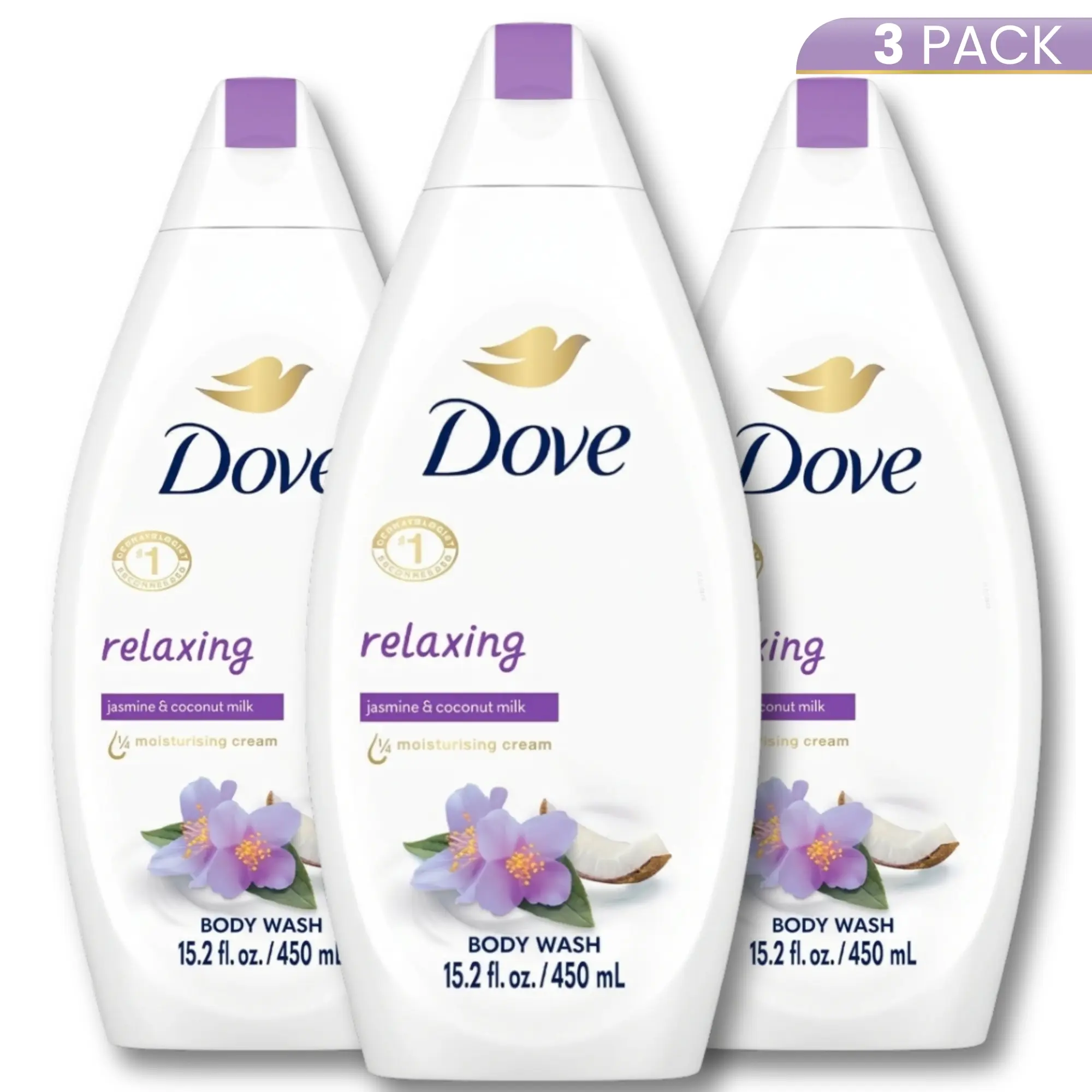 Dove Relaxing Body Wash with 1/4 Moisturizing Cream, Jasmine & Coconut Milk Scent, 15.2oz 3 Bottles (450ml Total), Cream Lather, Glycerin-Infused Unisex Cleanser for Bath Day, Sudsy Hydrating Cleanse for Youthful Glow, Soft Skin Post-Rinse, Smelling Good,