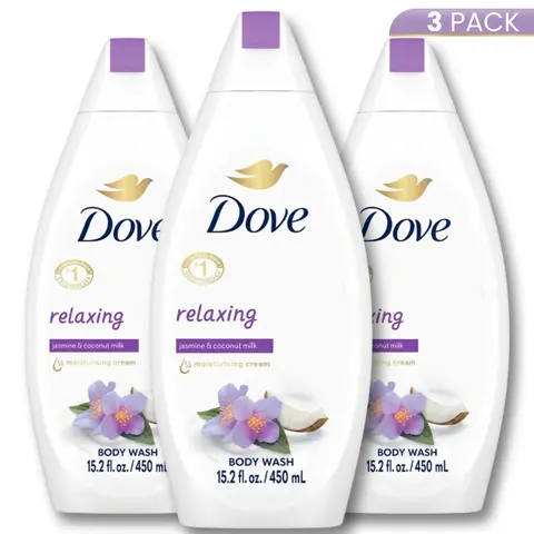 Dove Relaxing Jasmine Coconut Body Wash (3-Pack, 15.2oz Each) - 1/4 Moisturizing Cream, Glycerin-Infused Unisex Cleanser, Rich Creamy Foam, Hydrate As You Wash, Supports Moisture Barrier, Soft Skin, Youthful Glow, For Body Routine