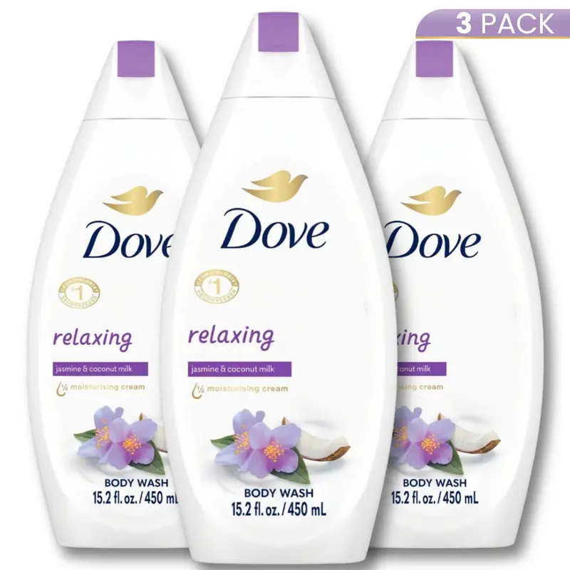 Dove Relaxing Jasmine Coconut Body Wash (3-Pack, 15.2oz Each) - 1/4 Moisturizing Cream, Glycerin-Infused Unisex Cleanser, Rich Creamy Foam, Hydrate As You Wash, Supports Moisture Barrier, Soft Skin, Youthful Glow, For Body Routine