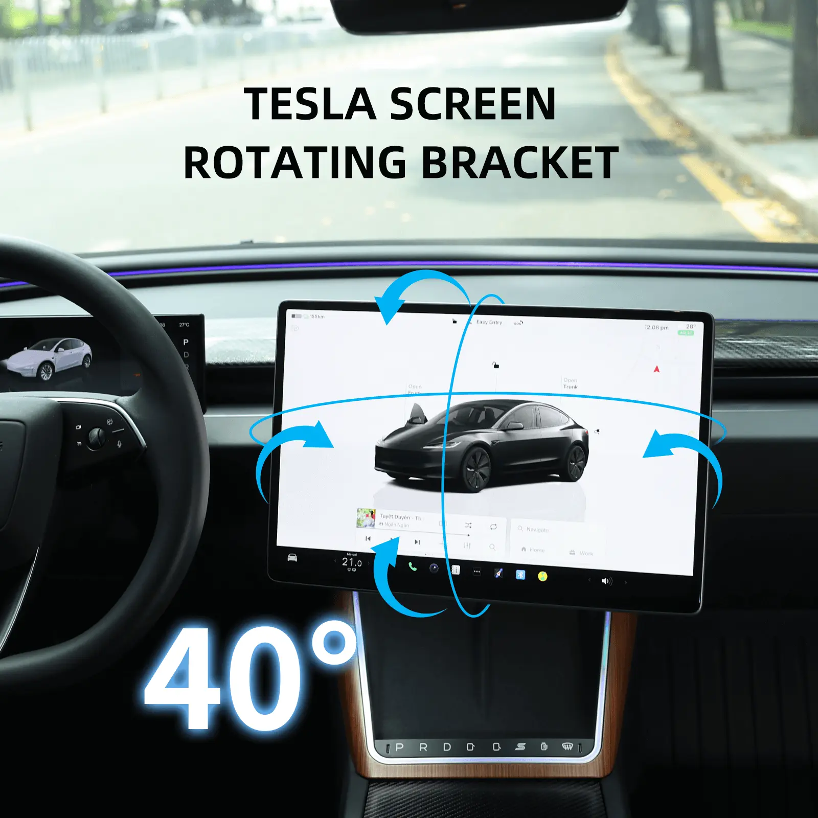 Saunyoto Car Accessory, Tesla Model 3/Y 360° Swivel Screen Mount - Aerospace Alloy Bracket for Highland & Juniper, 40° Tilt, Dual Locking Mechanism, Easy Setup