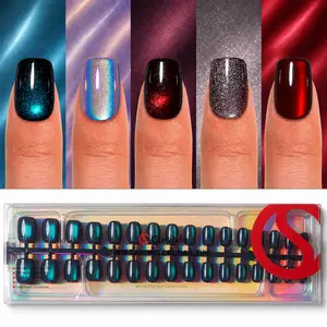 150PCS Cat Eye Press-On Nails Kit, CurvLife Soft Gel Nail Tips with 5 Cosmic Glow Shades – Ice Blue, Midnight Teal, Ruby Red, Mocha Brown & Gold Sparkle. Stunning Magnetic Cat Eye Effect, 30 Nails Per Style, 15 Sizes, Long-Lasting & Easy Application