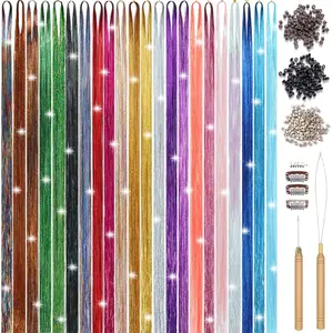 22 Colors Hair Tinsel Kit, 7800 Strands 48 Inch Glitter Tinsel Hair Extensions with Tools, Heat Resistant Sparkling Fairy Hair Accessories for Girls, , Women Christmas  Party