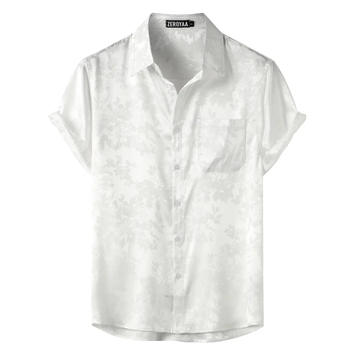 ZEROYAA Men's Shiny Luxury Silk Satin Floral Jacquard Short-Sleeve Regular-Fit Shirt - Soft Fabric Business Party Top, Lapel Neck, Button-Front, Square Neck Option, Show-Stopping Style, Summer Casual Evening Wear