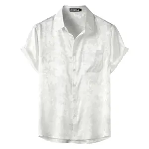 ZEROYAA Men's Shiny Luxury Silk Satin Floral Jacquard Short Sleeve Regular Fit  Down Shirt for Party Prom Smooth Casual summer outfits Lapel Neck Button Front