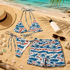 Coastal Americana Matching Swim Set 2026, USA Flag Bikini & Men’s Shorts, Palm Whale Couple Swimwear for 4th of July Beach Outfit