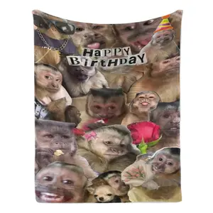 Funny Monkey Meme Happy Birthday Collage Flannel Blanket, Viral Monkey Face Party Rose Flower Throw Blanket, Soft Plush Warm Blanket for Couch Bedroom, Cozy Comfy Nap Blanket, Perfect Hilarious Birthday Gift Blanket for Meme Lovers All Seasons