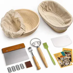 Bread Banneton Proofing Basket Set, 9 Inch Round & 10 Inch Oval Cane Sourdough Baskets with Dough Whisk Lame Dough Scraper Bowl Scraper Silicone Brush Sourdough Bread Baking Supplies