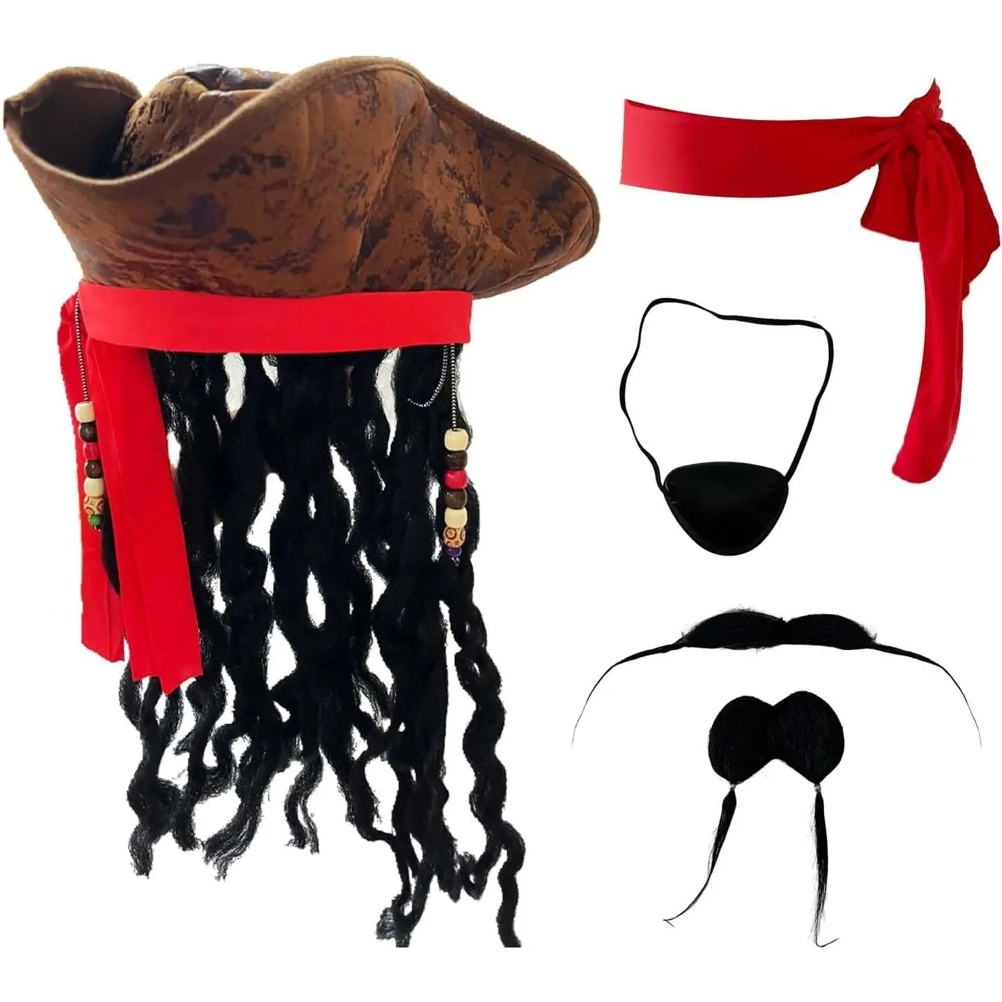 Pirate Wig Hat Men Halloween Pirate Costume Accessories with Eye Patch Belt Beard for  Party