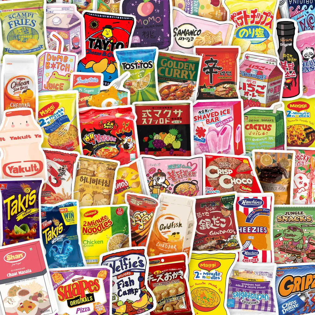 50Pcs Cartoon Snack Gift Pack Stickers Waterproof DIY Decal Set Decals for Journal Notebook Phone Case Cellphone