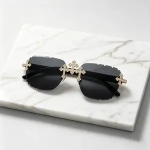 Cross Sunglasses for Men and Women Retro Punk Black Shades with Rhinestone Detail UV400 Protection Fashion Eyewear for Streetwear Festival Adjustable Polarized Round glasses