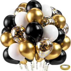 Black and Gold Confetti Balloons60pcs 12 inch Black White and Gold Metallic Latex Party Balloons Set with Gold Ribbon for Birthday Wedding Baby Shower Gold Theme Party Graduation Decorations