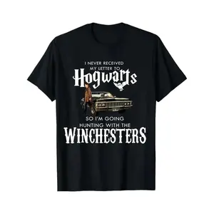 [100% Cotton][ Graphic Tee]"Black T-Shirt with Hogwarts & Winchesters Hunting Graphic – Casual Tee for Harry Potter & Supernatural Fans, Unisex Geek Holiday Shirt, Festive Party Graphic Tee for Adults & Youth" Pattern Retro Rifle