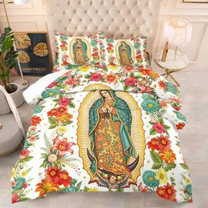 Mexican Folklore Guadalupe Mary Print Comforter Set, 1 Comforter & 1-2 Coreless Pillowcases, Classic Image of Our Lady of Guadalupe with Colorful Flowers, Soft Warm, Vintage Bedroom Decor, Gift Choice