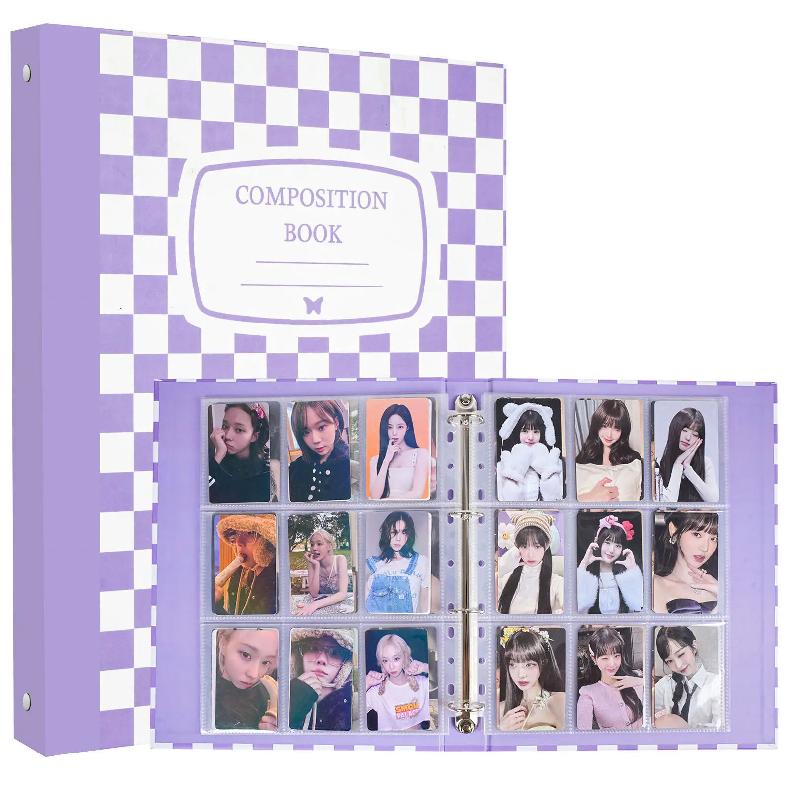 CeyiJun A4 9 Pocket Checkered Binder with 20 Single-Sided Inner Pages, O-Ring Closures, and 9 Pockets for 3 Inch Photocard Storage - Decor