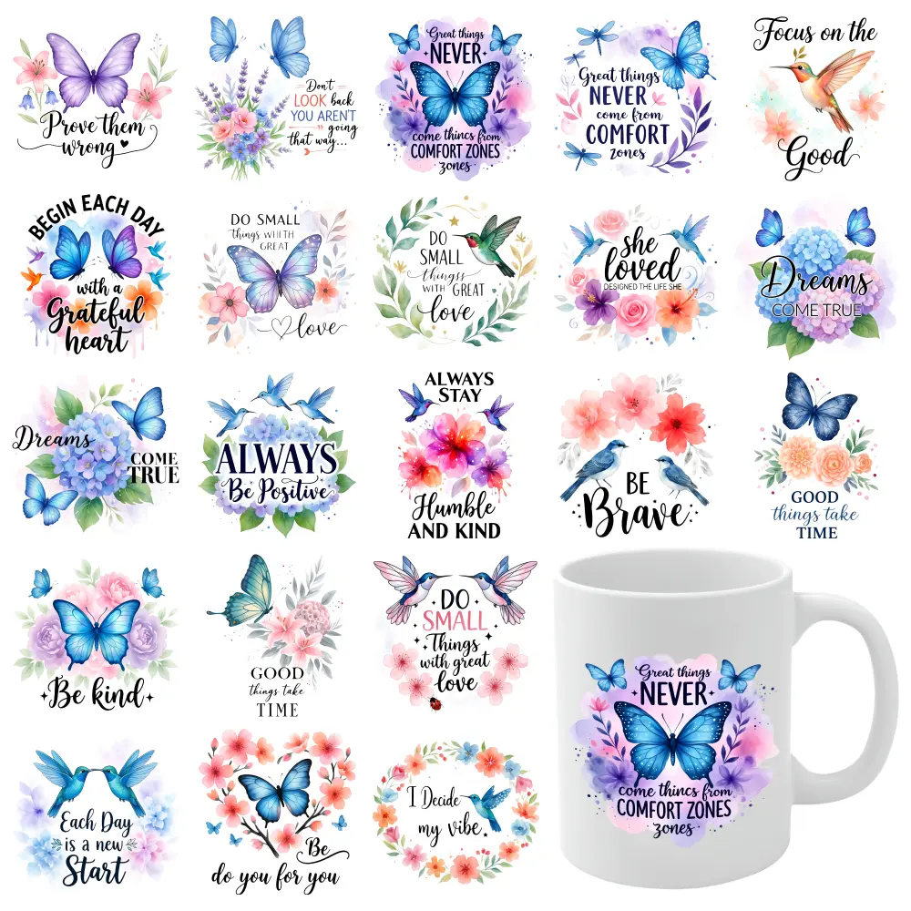 21 Pcs Assorted Size Butterfly Floral UV DTF Sticker Sheet - Waterproof, Heat Transfer Prints, Fashion Rub-On Transfers for 16 oz Tumblers, Water Bottles, Glass, Bag - DIY Craft Iron-On Decor