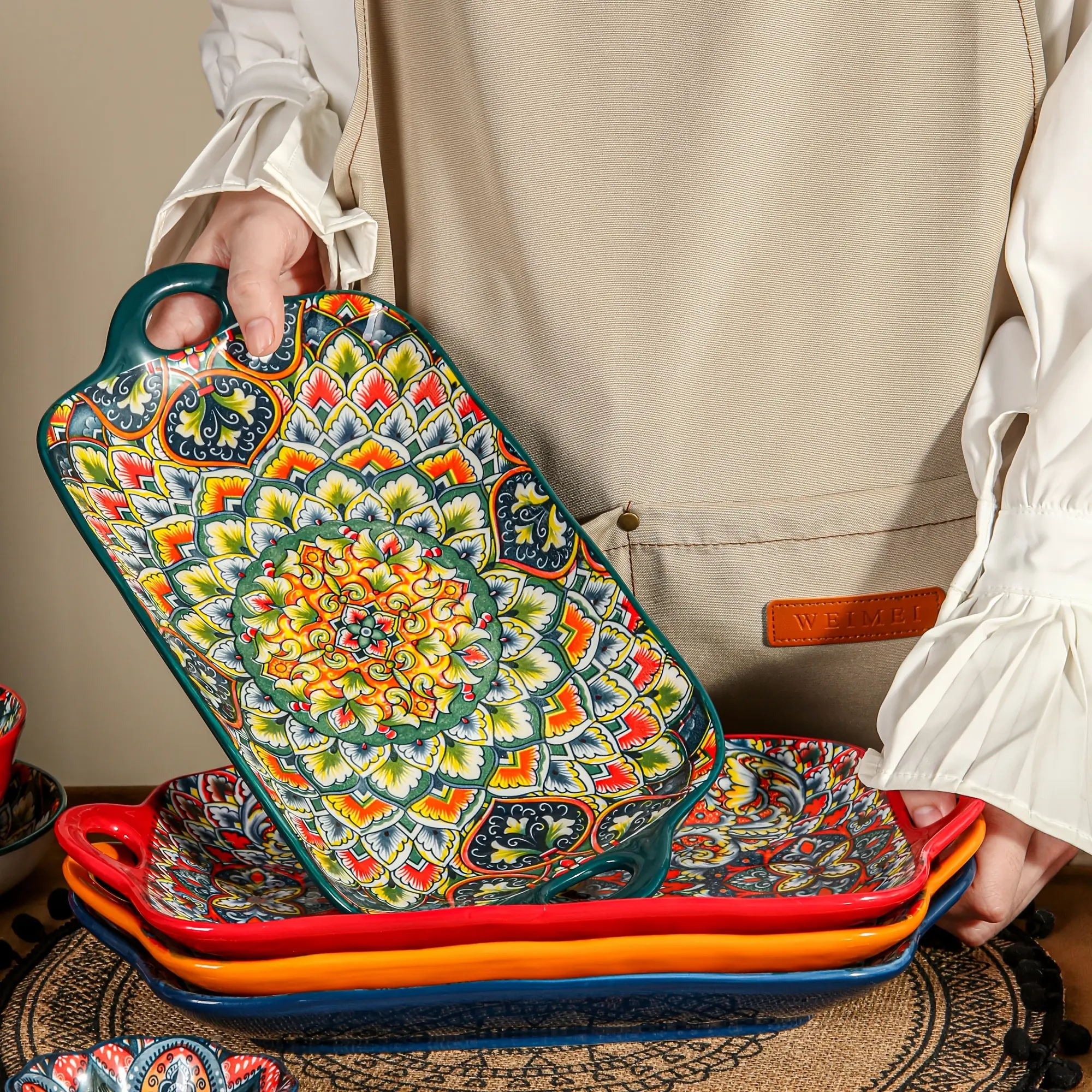 4 Pieces Bohemian Ceramic Plate Set, Handled Serving Trays Oven Microwave Safe for Charcuterie Fruit Pasta Salad Party Dinner Tableware