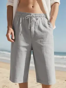 Men's casual linen shorts, Casual Summer Outdoor, Casual Streetwear Shorts, Cropped, three-quarter length, elastic drawstring waist, side pocket design, lightweight breathable fabric, loose fit. Perfect for beach vacations, summer outings