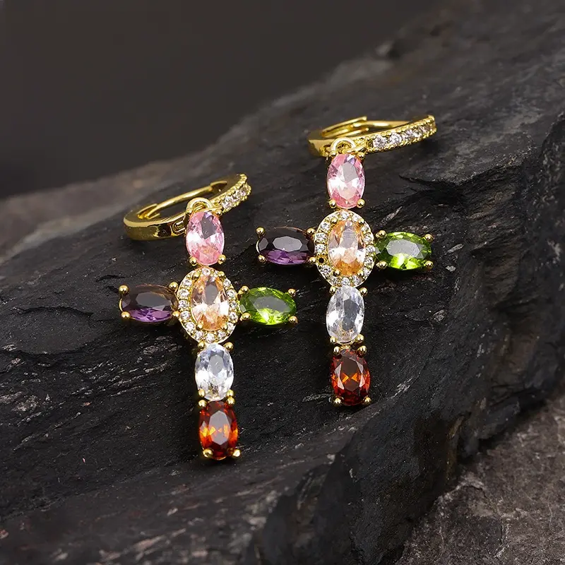 LisiZen Cross Border Colorful Diamond Cross Earrings Fashion Simple Copper Zircon Earrings Adjustable Diamond Inlaid Clip On Earrings DZEH5608