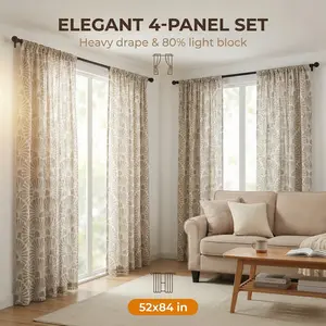 4 PANELS 52"X84" Printed Heavy Bamboo Yarn Semi SheerRod Pocket Curtains. Elegant Scallop Floral Pattern Window Drapes for Home Bedroom Living Room Decor FT5502