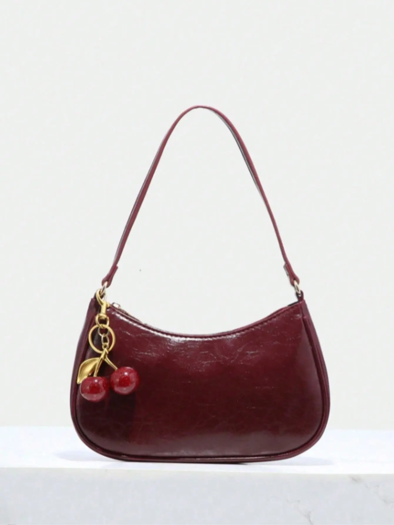 Women's Retro Underarm Shoulder Bag With Cherry Pendant, Zipper Closure, Wine Red/Black, Purses For Women, Bags For Women