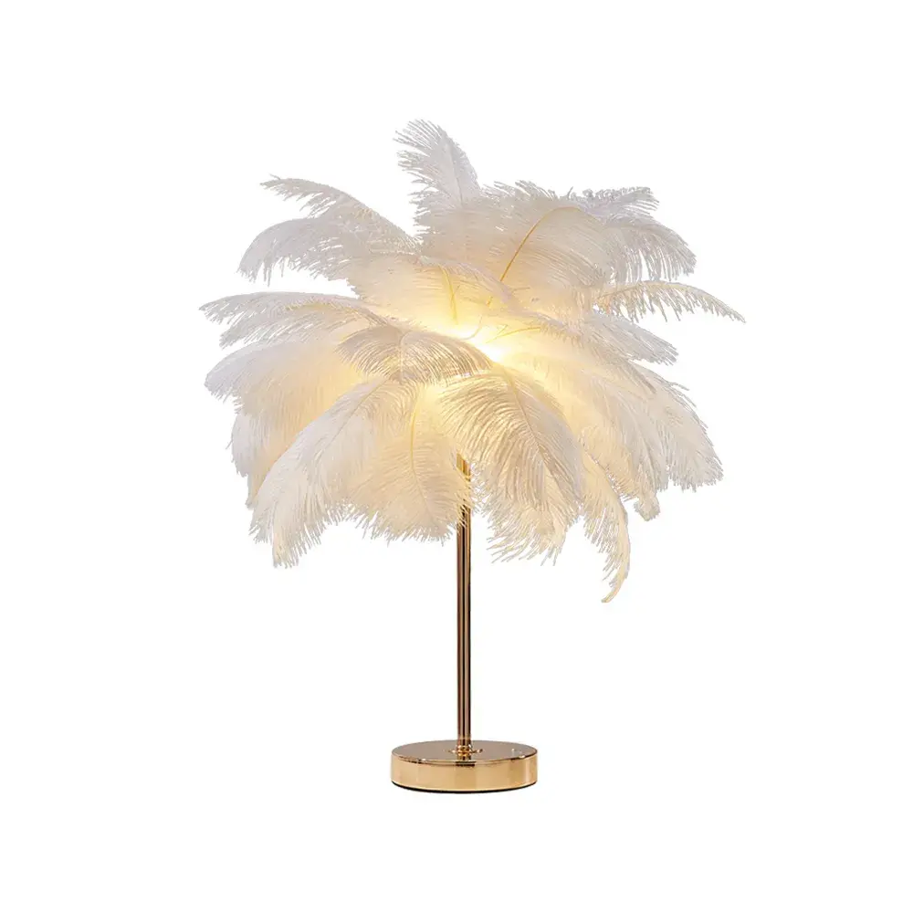 Homary Loftus Art Deco Gold Brass Circular Portable Table Lamp - White Feather Shade, USB Charging, Dimmable Lighting, Adjustable LED Light, AC Power Supply, Ambient Decoration Lamp, Table Decor, Indoor Bedroom Lighting Floor Lamp
