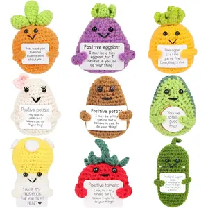 Mini Positive Crochet Animals with Positive Card, 9 PCS Funny Emotional Support Handmade Vegetables & Plants Potato , Coworker Gifts Desk Decor for Women Men, Christmas Birthday Anniversary Present