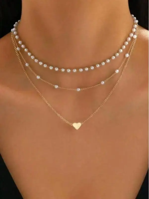 Women's Layered Pearl and Heart Multi-String Costume Jewelry, Dainty Statement Necklace, Dainty Pearl Necklace, Layered Statement Necklaces