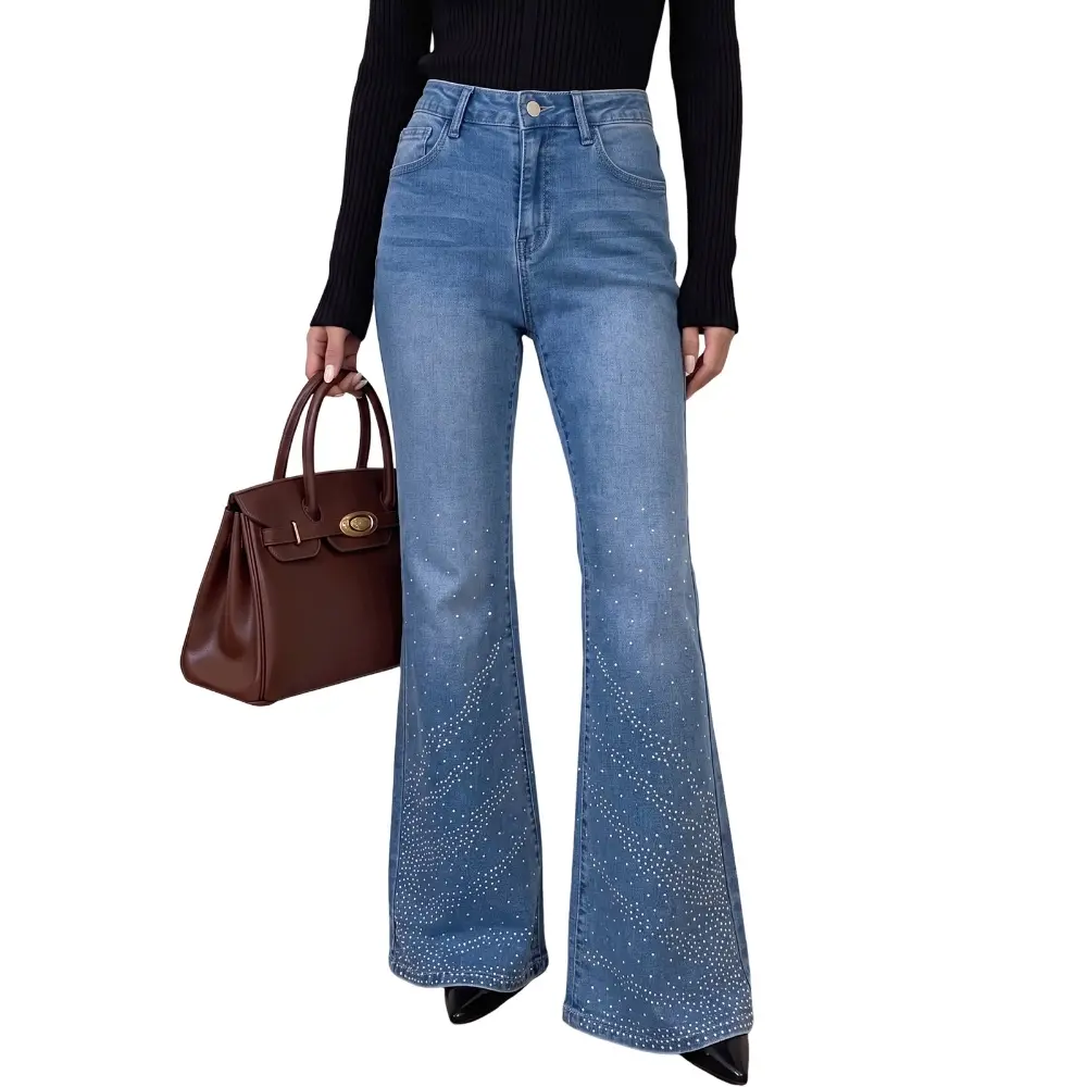 Dokotoo Womens 2026 Jeans Casual Natural Baggy Flare Leg Full-length  Rhinestone-Embellished Gradient Denim Pants