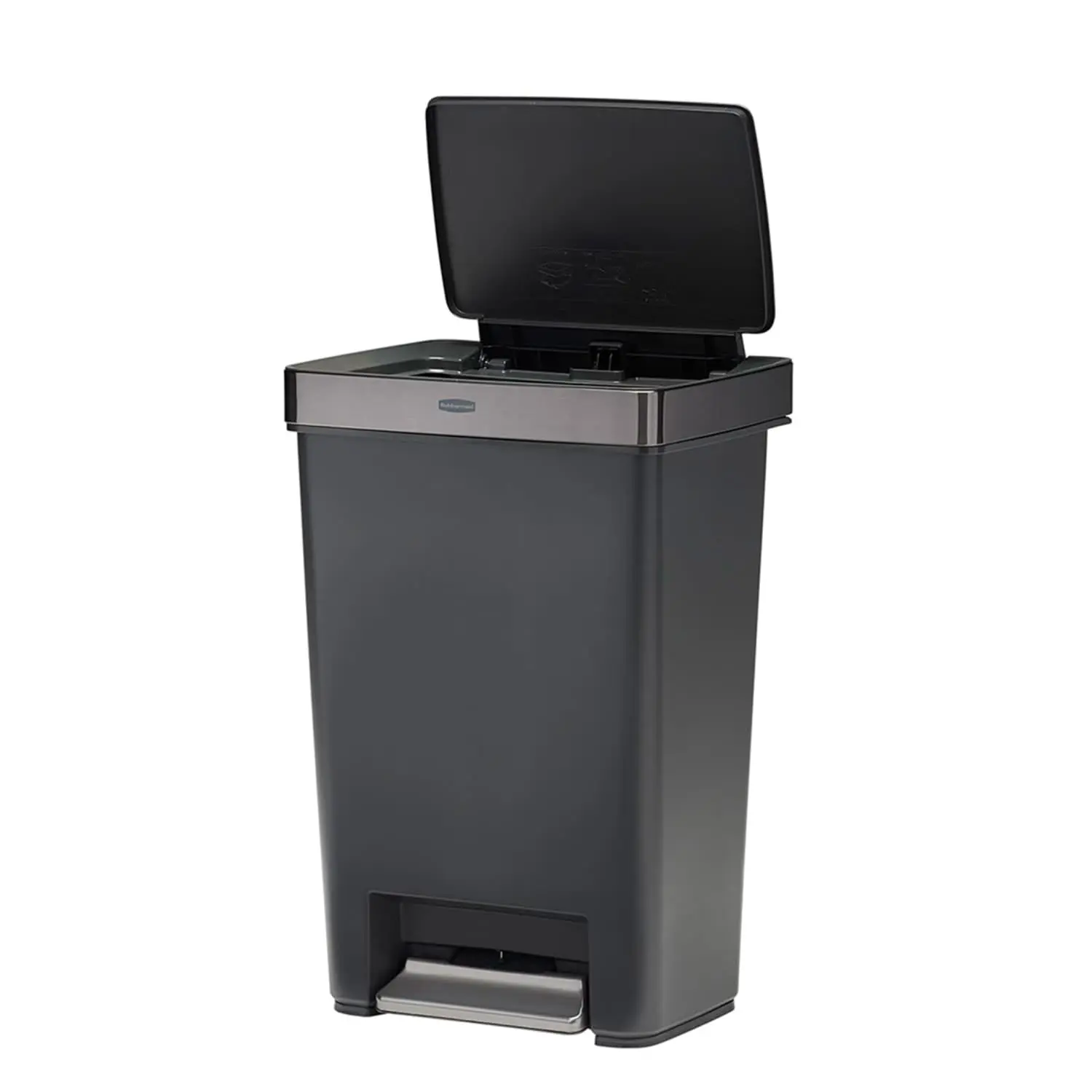 Rubbermaid Kitchen Trash Can - 12.4 Gal Plastic-Stainless Steel Soft-Close Lock Step Garbage Bin, Charcoal Indoor Waste & Recycling Bin