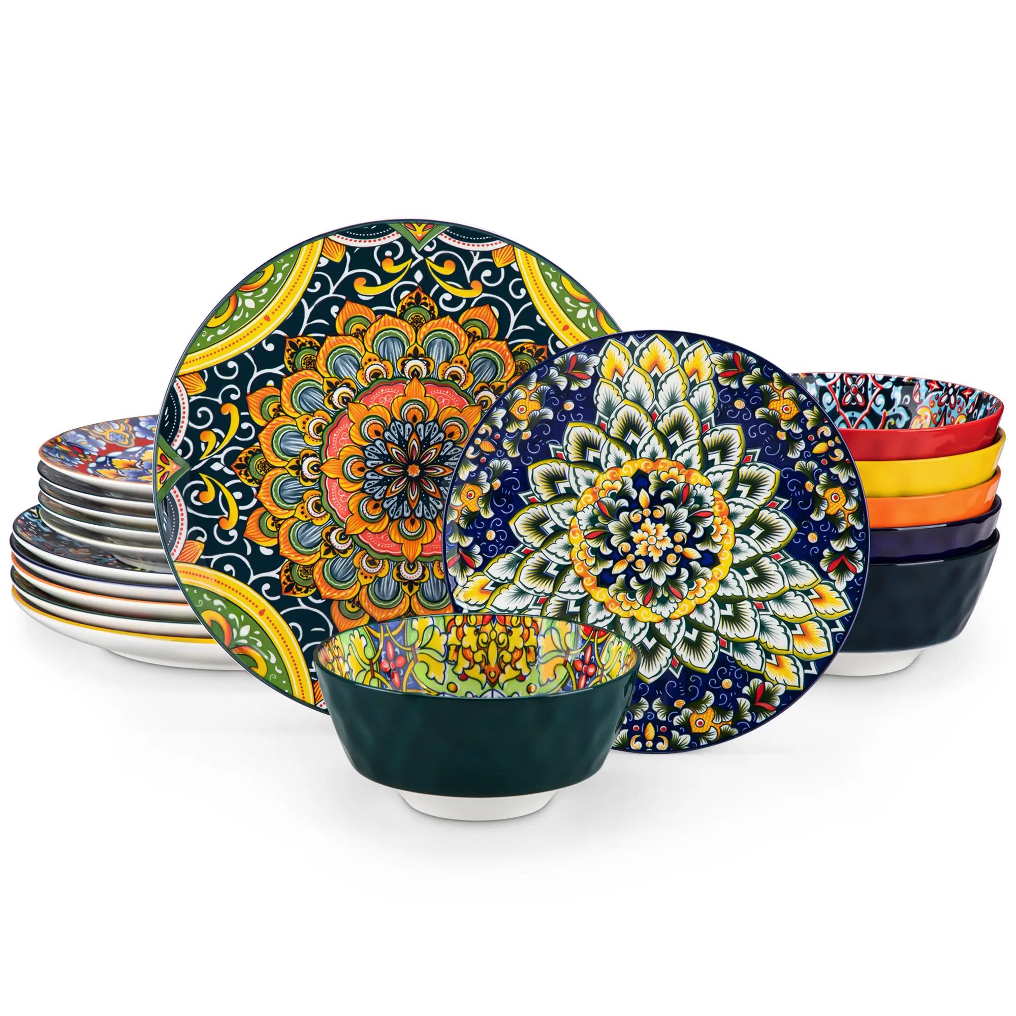 Vancasso Dinner Sets for 4/6 People, Simi Dinnerware Dish Set Artisanal Pieces with 10.5in Dinner Plate, 8.5in Dessert Plate and 950ml Cereal Bowl, Boho Colourful Tableware
