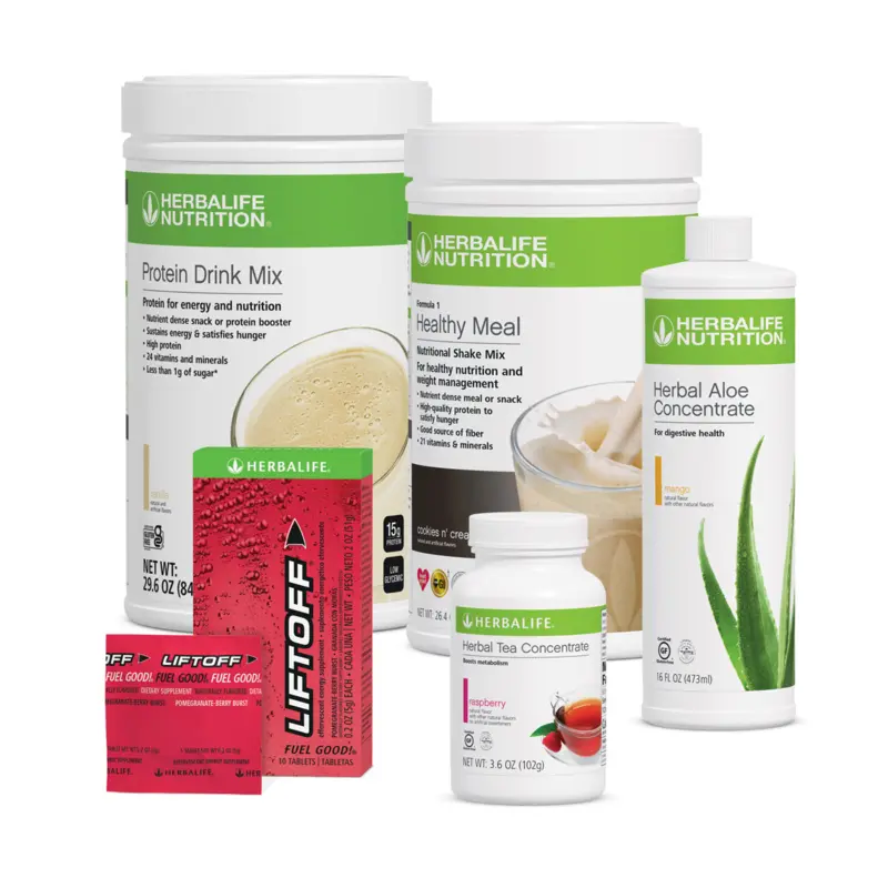 Herbalife Day One Bundle with Protein Drink Mix, Formula 1 Shake Mix, Herbal Aloe Concentrate, Liftoff 10 Tablets & Herbal Tea Concentrate
