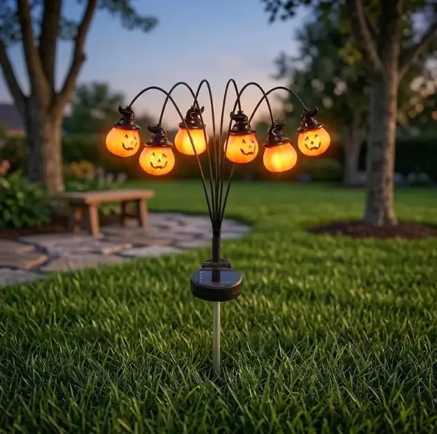 Halloween Solar Outdoor LED Garden Stakes, 6 LED Jack-O'-Lantern Branch Lights, Outdoor Lawn Garden Decor, Home Improvement Supplies Gift Decorative Sculpture, Led Lights
