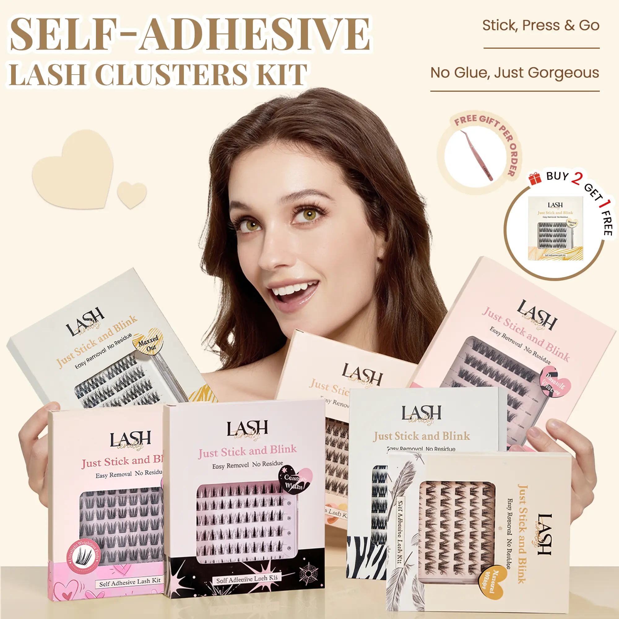 Lashterally Press-On False Eyelashes Kit - 7 Styles, 90 Pcs, 0.05Mm, 10-14Mm Self-Adhesive Lashes, Dense Fluffy, Long-Lasting, Beginner-Friendly, Easy Press-On & Removal, Youth Cosmetic for Makeup Lovers (False Eyelashes & Adhesives Bundle)