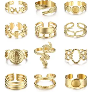 Besteel 18K Gold Plated Rings for Women, Stainless Steel Statement Rings Pack Stacking Boho Midi Rings Adjustable Open Ring Band Twisted Signet Rings Non Tarnish Gold Rings