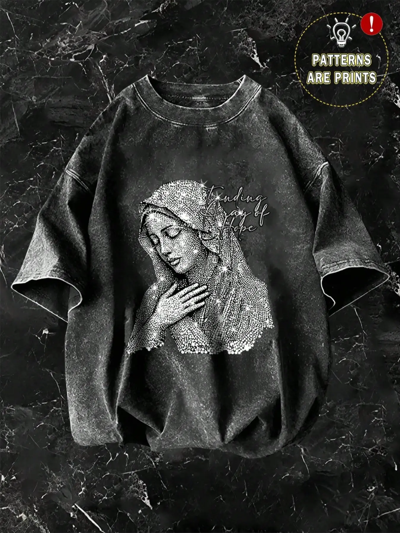 Unisex design, Song of Genius, relaxed-fit, Casual, Menswear, 100% cotton, Soft, pre-washed, round-neck, short-sleeve T-shirt with a sparkling design featuring the image of the Virgin Mary; summer and couple's styles available