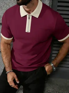 Men's Colorblock Collar Half-Zip Polo Shirt, Ribbed Knit with Pockets, Casual Streetwear for Daily Wear, Trendy and Comfortable